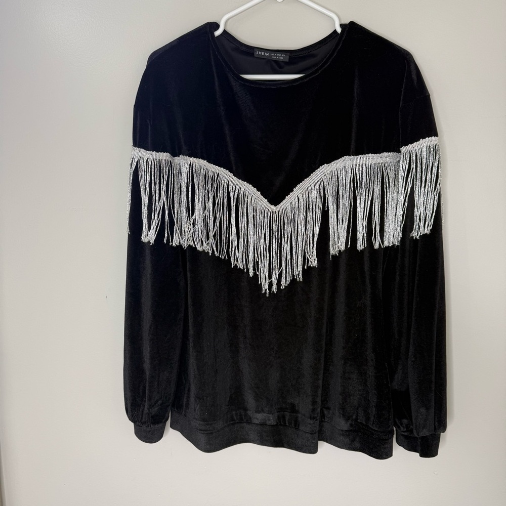 SHEIN Women’s M Black Velvet Silver Fringe Holiday Festive Sweater Long Sleeve
